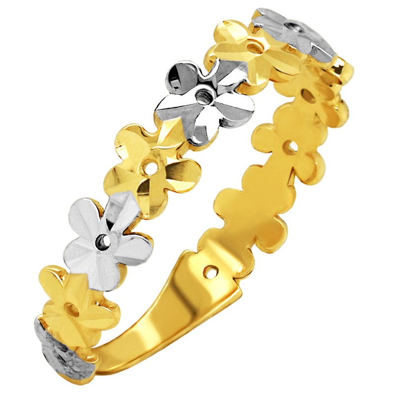 złoty pierścionek motyw kwiatowy z białym i żółtym złotem