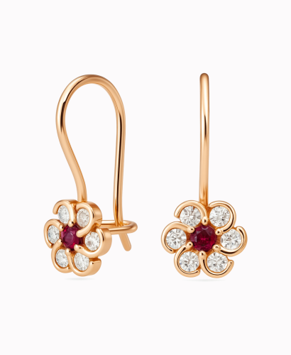 Złote kolczyki dla dziewczynki Kwiatuszki na biglu rose gold pr. 585 1,28g