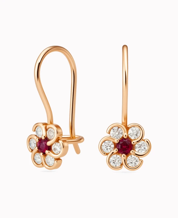 Złote kolczyki dla dziewczynki Kwiatuszki na biglu rose gold pr. 585 1,28g