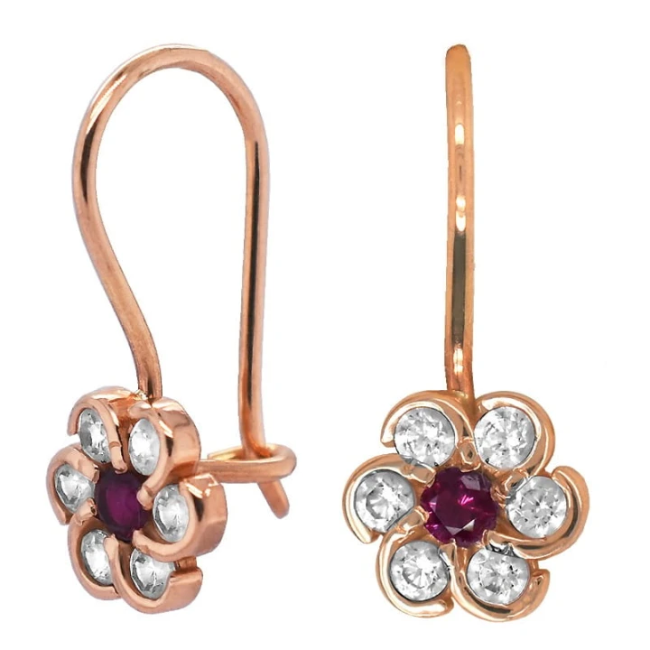 Złote kolczyki dla dziewczynki Kwiatuszki na biglu rose gold pr. 585 1,28g