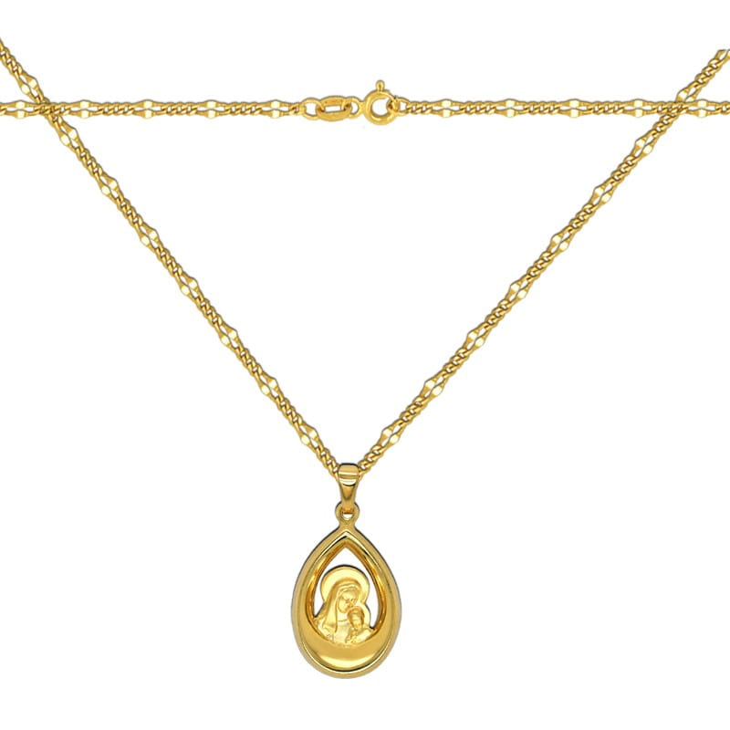 Zestaw złoty łańcuszek New Figaro i Matka Boża z Dzieciątkiem medalik łezka 2,82g pr.585
