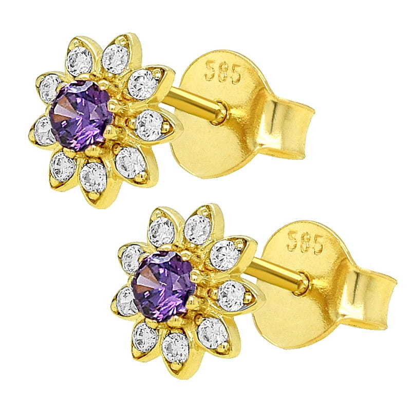 Złote kolczyki Kwiatuszki Ametyst z cyrkoniami sztyft pr. 585